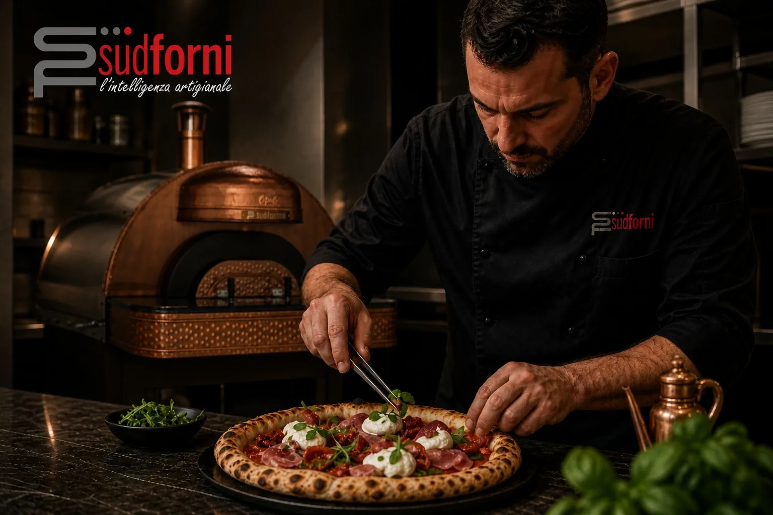 Pizzaiolo Sud Forni completa una pizza davanti a un forno professionale in rame