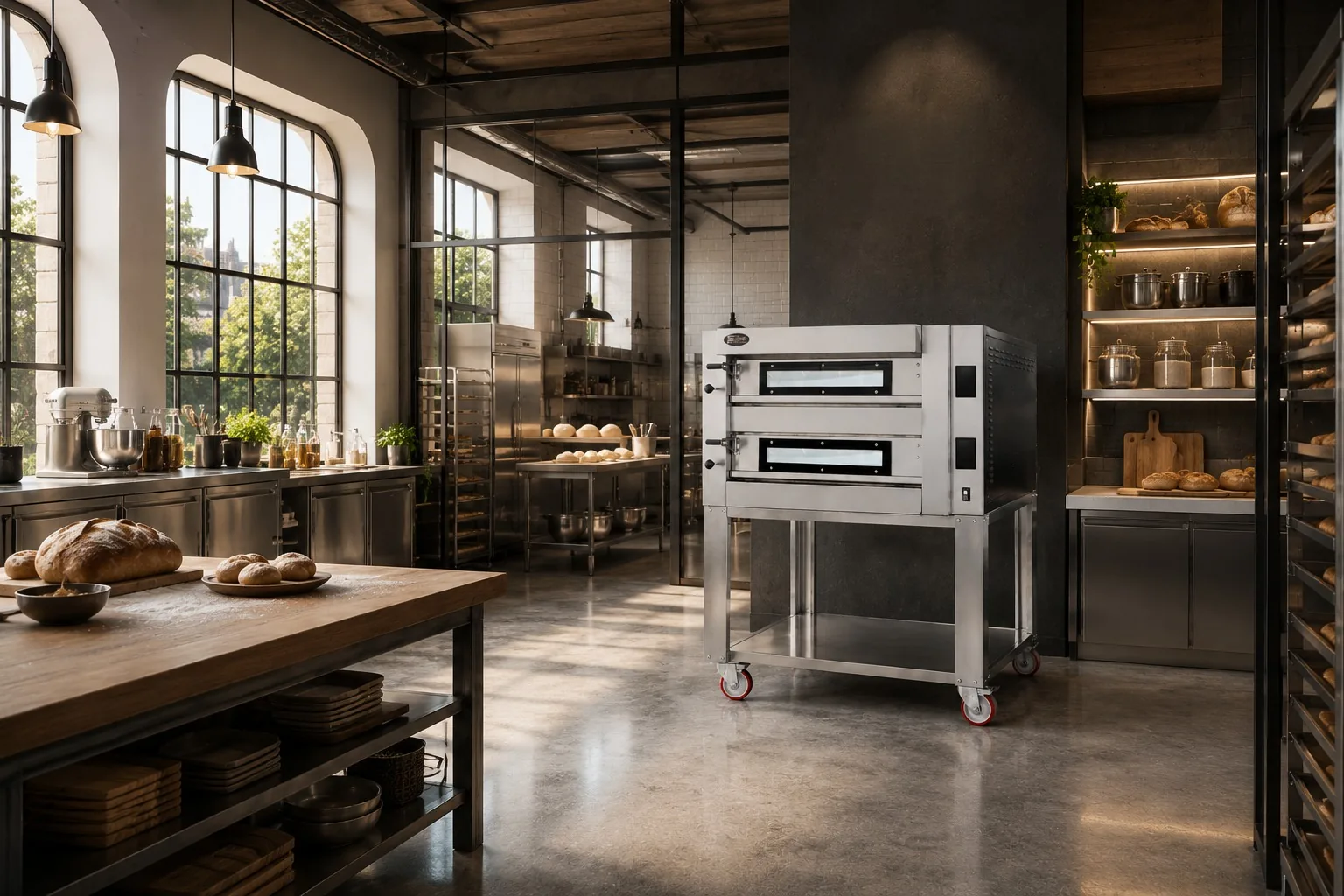 Forno elettrico professionale Sud Forni su supporto in acciaio in un panificio