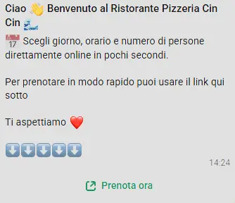 Automazione WhatsApp del Ristorante CinCin che invita il cliente a prenotare online